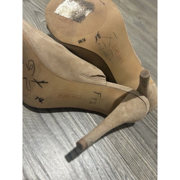 Vince Camuto Taupe Slip On Open Toe Neutral Suede Stiletto Heel Shoes Size 8 - Picture 7 of 8